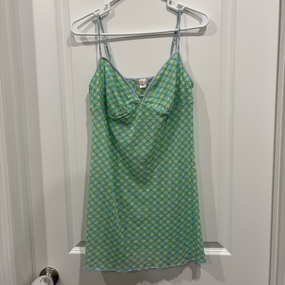 Victorias Secret Lingerie Slip Dress Womens Size Large Blue Green Geometric Y2K